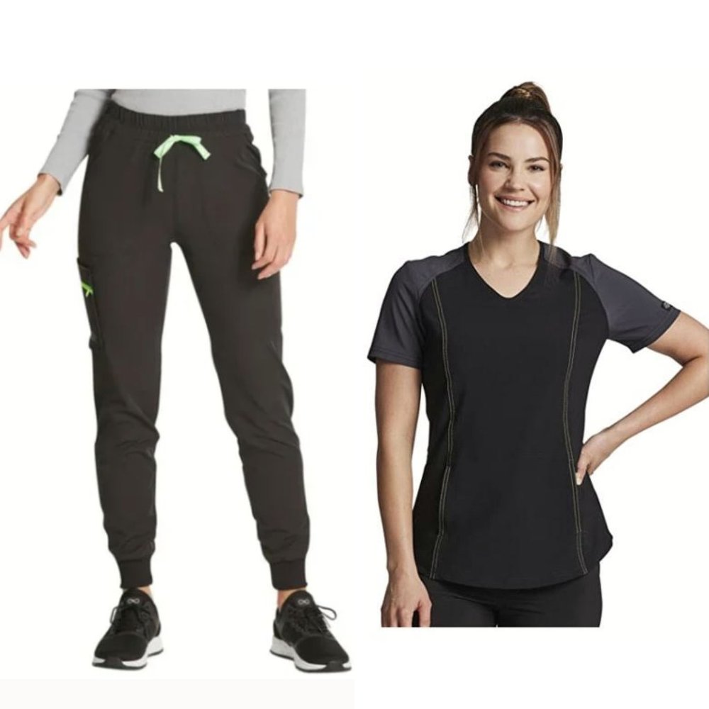 Dickies Mid Rise Jogger & V-Neck Scrub Top Set in Black & Neon Green, S/M